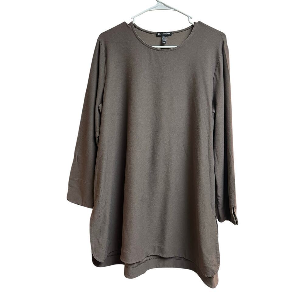 Eileen Fisher Crepe Bracelet Tunic Top Brown Large
